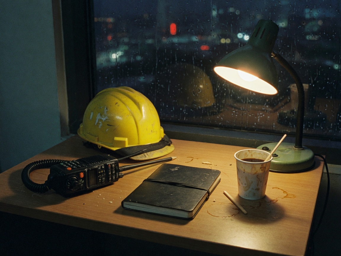 夜班操作檯:安全帽與對講機