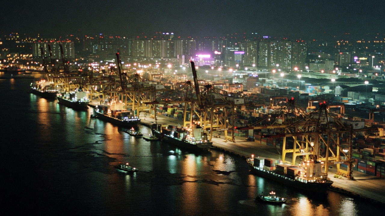 東亞大型貨櫃港夜景，橋吊沿岸作業