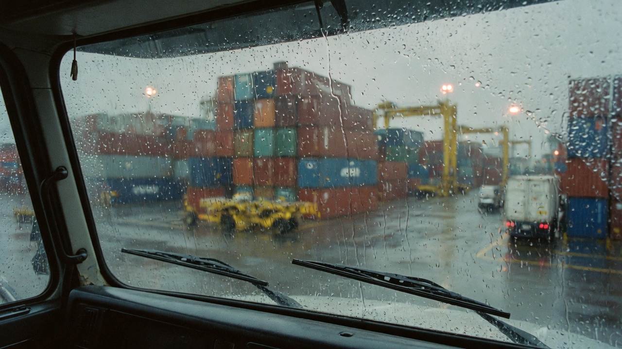 卡車擋風玻璃上的雨，碼頭在玻璃外